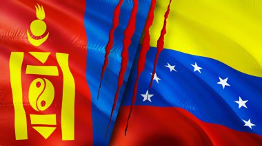 Yara izi olan Moğolistan ve Venezuela bayrakları. Dalgalanan bayrak, 3 boyutlu görüntüleme. Moğolistan ve Venezuela çatışma konsepti. Moğolistan Venezuela ilişkileri kavramı. Moğolistan bayrağı ve Venezuela krizi, savaş