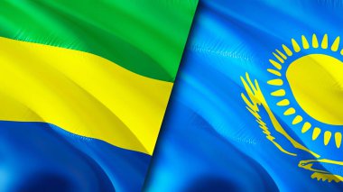 Gabon ve Kazakistan bayrakları. 3 boyutlu dalgalanan bayrak tasarımı. Gabon Kazakistan bayrağı, resim, duvar kağıdı. Gabon Kazakistan 'a karşı, görüntü 3 boyutlu. Gabon Kazakistan ilişkileri ittifak ve ticaret, seyahat, turnuva
