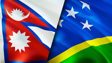 Nepal ve Solomon Adaları bayrakları. 3 boyutlu dalgalanan bayrak tasarımı. Nepal Solomon Adaları bayrağı, resim, duvar kağıdı. Nepal, Solomon Adaları 'na karşı. Görüntü 3 boyutlu. Nepal Solomon Adaları İlişkiler Birliği