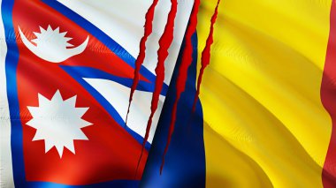 Nepal ve Chad yara izi olan bayraklar. Dalgalanan bayrak, 3 boyutlu görüntüleme. Nepal ve Chad çatışma konsepti. Nepal Çad ilişkileri kavramı. Nepal ve Çad krizi bayrağı, savaş, saldırı konsepti