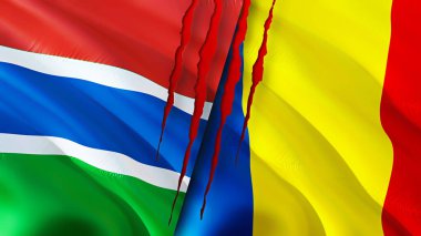 Gambiya ve Romanya yara izi kavramına sahip bayraklar. Dalgalanan bayrak, 3 boyutlu görüntüleme. Gambiya ve Romanya çatışma konsepti. Gambiya Romanya ilişkileri kavramı. Gambiya bayrağı ve Romanya krizi, savaş, saldırı konsepti