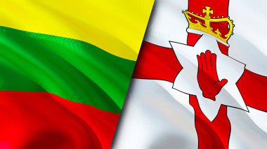 Litvanya ve Kuzey İrlanda bayrakları. 3 boyutlu dalgalanan bayrak tasarımı. Litvanya Kuzey İrlanda bayrağı, resim, duvar kağıdı. Litvanya, Kuzey İrlanda imajına karşı, 3D görüntüleme. Litvanya Kuzey Irelan