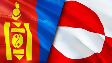 Moğolistan ve Grönland bayrakları. 3 boyutlu dalgalanan bayrak tasarımı. Moğolistan Grönland bayrağı, resim, duvar kağıdı. Moğolistan Grönland 'a karşı, görüntü 3 boyutlu. Moğolistan Grönland ilişkileri