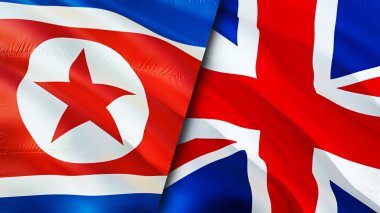 Kuzey Kore ve Birleşik Krallık bayrakları. 3 boyutlu dalgalanan bayrak tasarımı. Kuzey Kore Birleşik Krallık bayrağı, resim, duvar kağıdı. Kuzey Kore, Birleşik Krallık imajına karşı, 3D görüntüleme. Kuzey Kore Birleşik Kingdo