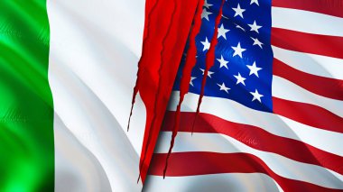 Yara izi olan İtalya ve ABD bayrakları. Dalgalanan bayrak, 3 boyutlu görüntüleme. İtalya ve ABD çatışma konsepti. İtalya ABD ilişkileri kavramı. İtalya ve ABD bayrağı kriz, savaş, saldırı konsepti