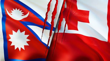 Yara izi olan Nepal ve Tonga bayrakları. Dalgalanan bayrak, 3 boyutlu görüntüleme. Nepal ve Tonga çatışma konsepti. Nepal Tonga ilişkileri konsepti. Nepal ve Tonga bayrağı kriz, savaş, saldırı konsepti