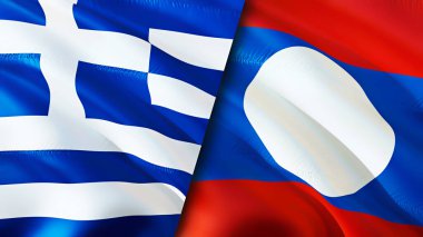 Yunanistan ve Laos bayrakları. 3 boyutlu dalgalanan bayrak tasarımı. Yunanistan Laos bayrağı, resim, duvar kağıdı. Yunanistan Laos 'a karşı, görüntü 3 boyutlu. Yunanistan İlişkiler İttifak ve Ticaret, Seyahat ve Turizm Konseptini Laos