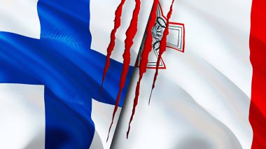 Finlandiya ve Malta 'da yara izi konsepti var. Dalgalanan bayrak, 3 boyutlu görüntüleme. Finlandiya ve Malta çatışma konsepti. Finlandiya Malta ilişkileri kavramı. Finlandiya bayrağı ve Malta krizi, savaş, saldırı konsepti