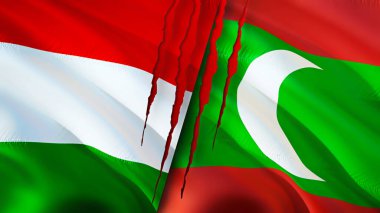Macaristan ve Maldivler yara izi olan bayraklar. Dalgalanan bayrak, 3 boyutlu görüntüleme. Macaristan ve Maldivler çatışma konsepti. Macaristan Maldivler ilişkileri kavramı. Macaristan ve Maldivler bayrağı kriz, savaş, attac