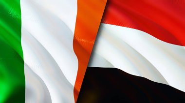 İrlanda ve Yemen bayrakları. 3 boyutlu dalgalanan bayrak tasarımı. İrlanda Yemen bayrağı, resim, duvar kağıdı. İrlanda, Yemen 'e karşı görüntü, 3D görüntüleme. İrlanda Yemen ilişkileri savaş ittifakı kavramı. Ticaret, turizm konsepti