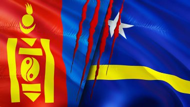 Yara izi olan Moğolistan ve Curacao bayrakları. Dalgalanan bayrak, 3 boyutlu görüntüleme. Moğolistan ve Curacao çatışma konsepti. Moğolistan Curacao ilişkileri. Moğolistan bayrağı ve Curacao krizi, savaş, attac