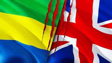 Gabon ve Birleşik Krallık bayrakları yara izi konseptiyle. Dalgalanan bayrak, 3 boyutlu görüntüleme. Gabon ve Birleşik Krallık çatışma konsepti. Gabon Birleşik Krallık ilişkileri kavramı. Gabon ve Birleşik Kingdo bayrağı