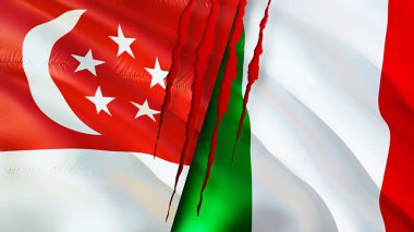 Singapur ve İtalya yara izi konseptli bayraklar. Dalgalanan bayrak, 3 boyutlu görüntüleme. Singapur ve İtalya çatışma konsepti. Singapur İtalya ilişkileri kavramı. Singapur ve İtalya bayrağı kriz, savaş, saldırı konsepti