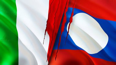 İtalya ve Laos yara izi olan bayraklar. Dalgalanan bayrak, 3 boyutlu görüntüleme. İtalya ve Laos çatışma konsepti. İtalya Laos ilişkileri kavramı. İtalya bayrağı ve Laos krizi, savaş, saldırı konsepti