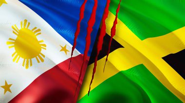 Yara izi olan Filipinler ve Jamaika bayrakları. Dalgalanan bayrak, 3 boyutlu görüntüleme. Filipinler ve Jamaika çatışması konsepti. Filipinler Jamaika ilişkileri konsepti. Filipinler ve Jamaika bayrağı
