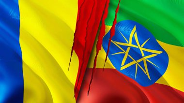 Romanya ve Etiyopya yara izi kavramına sahip bayraklar. Dalgalanan bayrak, 3 boyutlu görüntüleme. Romanya ve Etiyopya ihtilafı kavramı. Romanya Etiyopya ilişkileri kavramı. Romanya bayrağı ve Etiyopya krizi, savaş, attac