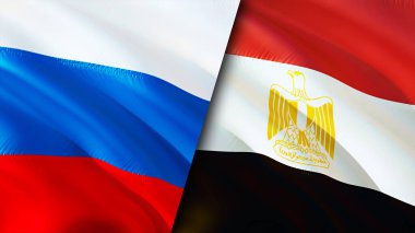 Rusya ve Mısır bayrakları. 3 boyutlu dalgalanan bayrak tasarımı. Rusya Mısır bayrağı, resim, duvar kağıdı. Rusya, Mısır 'a karşı, görüntü 3 boyutlu. Rusya Mısır ilişkileri ittifak ve ticaret, seyahat, turizm konsepti