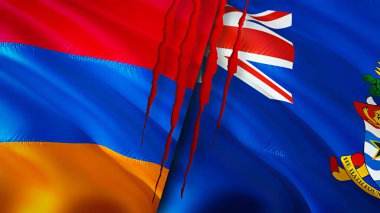 Yara izi olan Ermenistan ve Cayman Adaları bayrakları. Dalgalanan bayrak, 3 boyutlu görüntüleme. Ermenistan ve Cayman Adaları çatışma konsepti. Ermenistan Cayman Adaları ilişkileri kavramı. Ermenistan bayrağı ve