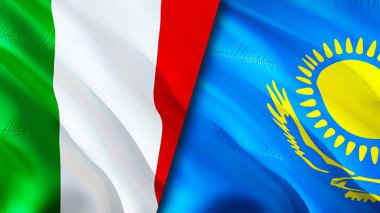 İtalya ve Kazakistan bayrakları. 3 boyutlu dalgalanan bayrak tasarımı. İtalya Kazakistan bayrağı, resim, duvar kağıdı. İtalya Kazakistan 'a karşı, görüntü 3 boyutlu. İtalya Kazakistan ilişkileri ittifak ve ticaret, seyahat, turnuva