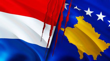Yara izi kavramına sahip Hollanda ve Kosova bayrakları. Dalgalanan bayrak, 3 boyutlu görüntüleme. Hollanda ve Kosova ihtilaf kavramı. Hollanda Kosova ilişkileri kavramı. Hollanda bayrağı ve Kosova krizi, savaş