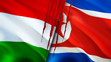 Macaristan ve Kuzey Kore bayraklarında yara izi var. Dalgalanan bayrak, 3 boyutlu görüntüleme. Macaristan ve Kuzey Kore çatışma konsepti. Macaristan Kuzey Kore ilişkileri kavramı. Macaristan ve Kuzey Kore bayrağı