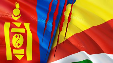 Yara izi olan Moğolistan ve Seyşel bayrakları. Dalgalanan bayrak, 3 boyutlu görüntüleme. Moğolistan ve Seyşeller çatışma konsepti. Moğolistan Seyşeller ilişkileri konsepti. Moğolistan ve Seychelle bayrağı