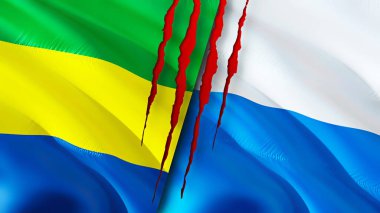Gabon ve San Marino bayrakları yara izi konseptiyle. Dalgalanan bayrak, 3 boyutlu görüntüleme. Gabon ve San Marino çatışma konsepti. Gabon San Marino ilişkileri kavramı. Gabon bayrağı ve San Marino krizi, savaş, attac