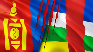 Moğolistan ve Orta Afrika Cumhuriyeti yara izi kavramına sahip bayraklar. Dalgalanan bayrak, 3 boyutlu görüntüleme. Moğolistan ve Orta Afrika Cumhuriyeti çatışma konsepti. Moğolistan Orta Afrika Cumhuriyeti ilişkileri kavramı