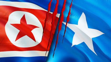 Kuzey Kore ve Somali bayraklarında yara izi var. Dalgalanan bayrak, 3 boyutlu görüntüleme. Kuzey Kore ve Somali çatışma konsepti. Kuzey Kore Somali ilişkileri kavramı. Kuzey Kore ve Somali bayrağı