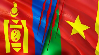 Yara izi olan Moğolistan ve Kamerun bayrakları. Dalgalanan bayrak, 3 boyutlu görüntüleme. Moğolistan ve Kamerun çatışma konsepti. Moğolistan Kamerun ilişkileri konsepti. Moğolistan bayrağı ve Kamerun krizi, savaş, attac