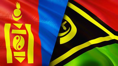Moğolistan ve Vanuatu bayrakları. 3 boyutlu dalgalanan bayrak tasarımı. Moğolistan Vanuatu bayrağı, resim, duvar kağıdı. Moğolistan, Vanuatu 'ya karşı, görüntü 3 boyutlu. Moğolistan Vanuatu ilişkileri ittifak ve ticaret, seyahat, turnuva