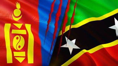 Moğolistan, Saint Kitts ve yara izi olan Nevis bayrakları. Dalgalanan bayrak, 3 boyutlu görüntüleme. Moğolistan, Saint Kitts ve Nevis çatışma konsepti. Moğolistan Saint Kitts ve Nevis ilişkileri kavramı. bayrak o