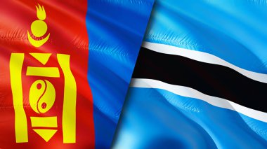 Moğolistan ve Botswana bayrakları. 3 boyutlu dalgalanan bayrak tasarımı. Moğolistan Botsvana bayrağı, resim, duvar kağıdı. Moğolistan, Botswana 'ya karşı, görüntü 3 boyutlu. Moğolistan Botsvana ilişkileri ittifak ve ticaret, seyahat, turnuva