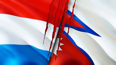 Yara izi olan Lüksemburg ve Nepal bayrakları. Dalgalanan bayrak, 3 boyutlu görüntüleme. Lüksemburg ve Nepal çatışma konsepti. Lüksemburg Nepal ilişkileri kavramı. Lüksemburg bayrağı ve Nepal krizi, savaş, attac