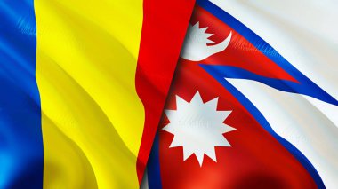 Romanya ve Nepal bayrakları. 3 boyutlu dalgalanan bayrak tasarımı. Romanya Nepal bayrağı, resim, duvar kağıdı. Romanya, Nepal imajına karşı, 3D görüntüleme. Romanya Nepal ilişkileri ittifak ve Ticaret, seyahat ve turizm consepti