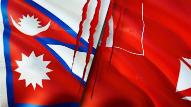Nepal, Wallis ve Futuna bayrakları ve yara izi konsepti. Dalgalanan bayrak, 3 boyutlu görüntüleme. Nepal ve Wallis ve Futuna çatışma konsepti. Nepal Wallis ve Futuna ilişkileri kavramı. Nepal ve Wallis bayrağı
