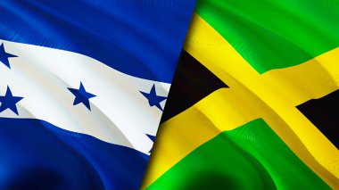 Honduras ve Jamaika bayrakları. 3 boyutlu dalgalanan bayrak tasarımı. Honduras Jamaika bayrağı, resim, duvar kağıdı. Honduras, Jamaika 'ya karşı, görüntü 3 boyutlu. Honduras Jamaika ilişkileri ittifak ve ticaret, seyahat, turnuva