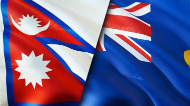 Nepal ve Saint Helena bayrakları. 3 boyutlu dalgalanan bayrak tasarımı. Nepal Saint Helena bayrağı, resim, duvar kağıdı. Nepal vs Saint Helena görüntüsü, 3D görüntüleme. Nepal Saint Helena İlişkiler Birliği