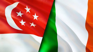 Singapur ve İrlanda bayrakları. 3 boyutlu dalgalanan bayrak tasarımı. Singapur İrlanda bayrağı, resim, duvar kağıdı. Singapur, İrlanda 'ya karşı, görüntü 3D. Singapur İrlanda ilişkileri ittifak ve ticaret, seyahat, turnuva