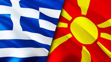 Yunanistan ve Kuzey Makedonya bayrakları. 3 boyutlu dalgalanan bayrak tasarımı. Yunanistan Kuzey Makedonya bayrağı, resim, duvar kağıdı. Yunanistan, Kuzey Makedonya 'ya karşı, görüntü 3D. Yunanistan Kuzey Makedonya ilişkileri ittifakı