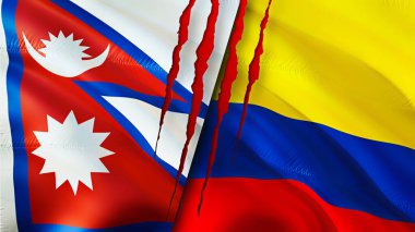 Yara izi olan Nepal ve Kolombiya bayrakları. Dalgalanan bayrak, 3 boyutlu görüntüleme. Nepal ve Kolombiya çatışma konsepti. Nepal Kolombiya ilişkileri kavramı. Nepal ve Kolombiya bayrağı krizi, savaş, saldırı konsepti