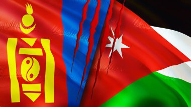 Yara izi olan Moğolistan ve Ürdün bayrakları. Dalgalanan bayrak, 3 boyutlu görüntüleme. Moğolistan ve Ürdün çatışma konsepti. Moğolistan Ürdün ilişkileri. Moğolistan ve Ürdün bayrağı krizi, savaş, saldırı konsepti