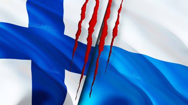 Finlandiya ve San Marino bayraklarında yara izi var. Dalgalanan bayrak, 3 boyutlu görüntüleme. Finlandiya ve San Marino çatışma konsepti. Finlandiya San Marino ilişkileri kavramı. Finlandiya bayrağı ve San Marino krizi, savaş