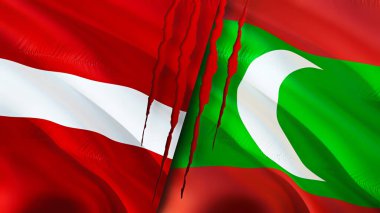 Letonya ve Maldivler yara izi olan bayraklar. Dalgalanan bayrak, 3 boyutlu görüntüleme. Letonya ve Maldivler çatışma konsepti. Letonya Maldivler ilişkileri kavramı. Letonya ve Maldivler bayrağı kriz, savaş, saldırı konsepti