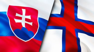 Slovakya ve Faroe Adaları bayrakları. 3 boyutlu dalgalanan bayrak tasarımı. Slovakya Faroe Adaları bayrağı, resim, duvar kağıdı. Slovakya, Faroe Adaları 'na karşı. Görüntü 3D. Slovakya Faroe Adaları İlişkiler Birliği