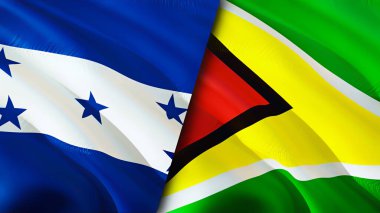 Honduras ve Guyana bayrakları. 3 boyutlu dalgalanan bayrak tasarımı. Honduras Guyana bayrağı, resim, duvar kağıdı. Honduras, Guyana 'ya karşı, görüntü 3 boyutlu. Honduras Guyana ilişkileri ittifak ve ticaret, seyahat, turizm konsepti