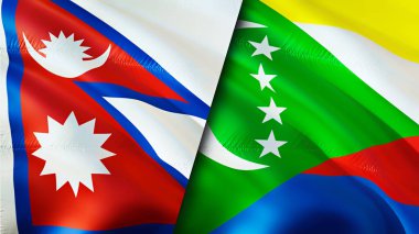 Nepal ve Comoros bayrakları. 3 boyutlu dalgalanan bayrak tasarımı. Nepal Comoros bayrağı, resim, duvar kağıdı. Nepal vs Comoros görüntüsü, 3D görüntüleme. Nepal Comoros ilişkileri ittifak ve ticaret, seyahat, turizm konsepti