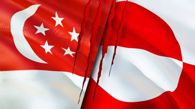 Yara izi olan Singapur ve Grönland bayrakları. Dalgalanan bayrak, 3 boyutlu görüntüleme. Singapur ve Grönland çatışma konsepti. Singapur Grönland ilişkileri kavramı. Singapur ve Greenlan bayrağı