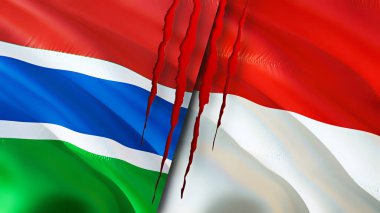 Gambiya ve Endonezya bayrakları yara izi konseptiyle. Dalgalanan bayrak, 3 boyutlu görüntüleme. Gambiya ve Endonezya çatışma konsepti. Gambiya Endonezya ilişkileri kavramı. Gambiya bayrağı ve Endonezya krizi, savaş, attac