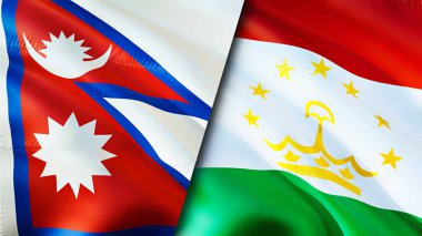 Nepal ve Tacikistan bayrakları. 3 boyutlu dalgalanan bayrak tasarımı. Nepal Tacikistan bayrağı, resim, duvar kağıdı. Nepal, Tacikistan 'a karşı, görüntü 3 boyutlu. Nepal Tacikistan ilişkileri ittifak ve ticaret, seyahat, turnuva